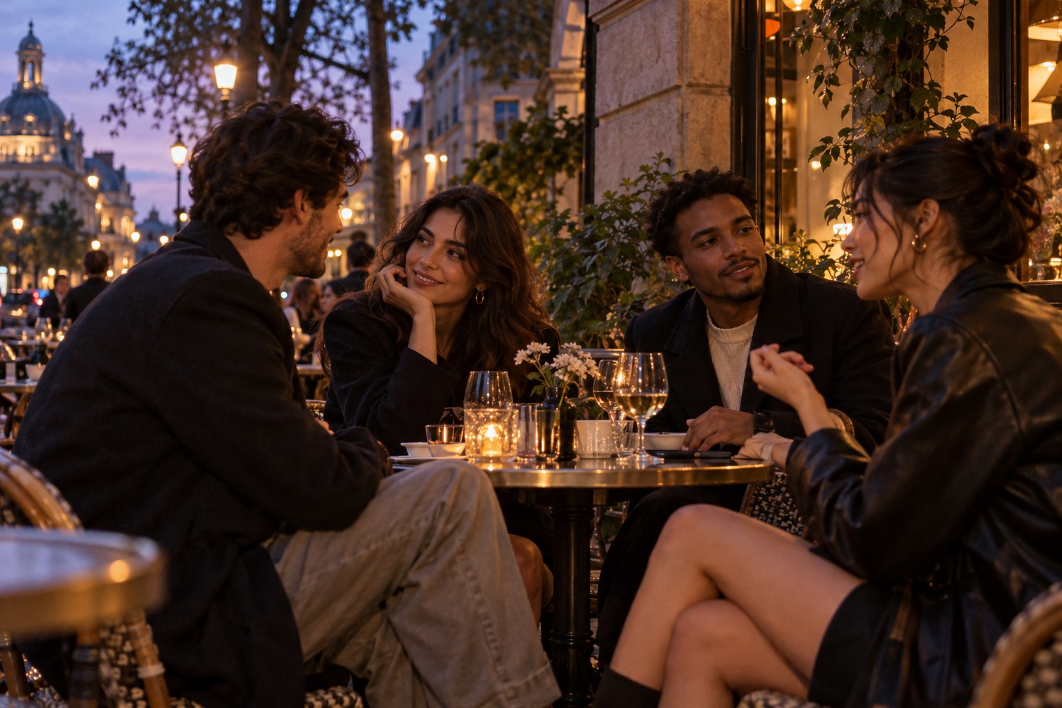 Friends connecting over drinks at an open-air city café