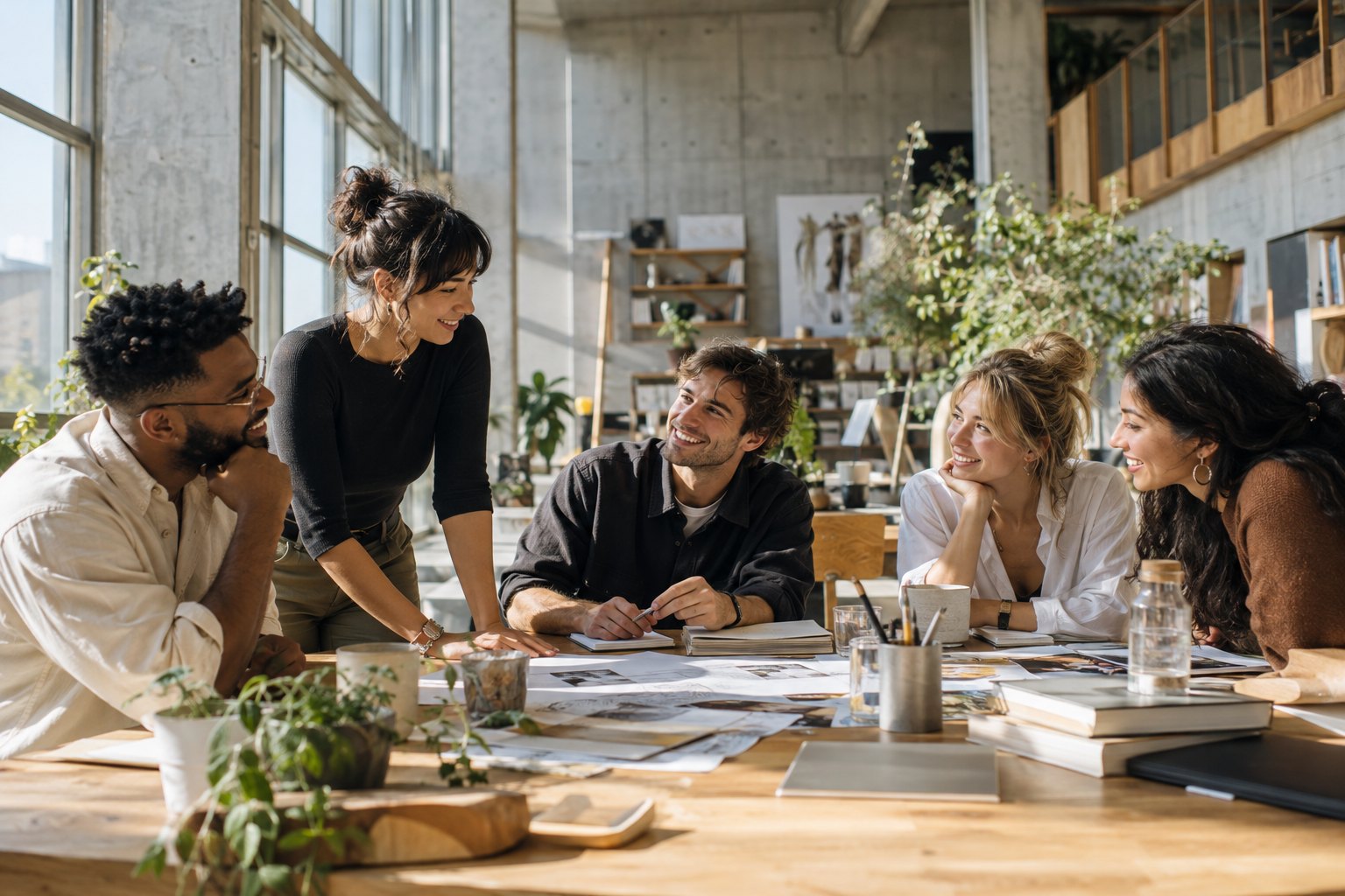 People sharing ideas in a bright creative studio