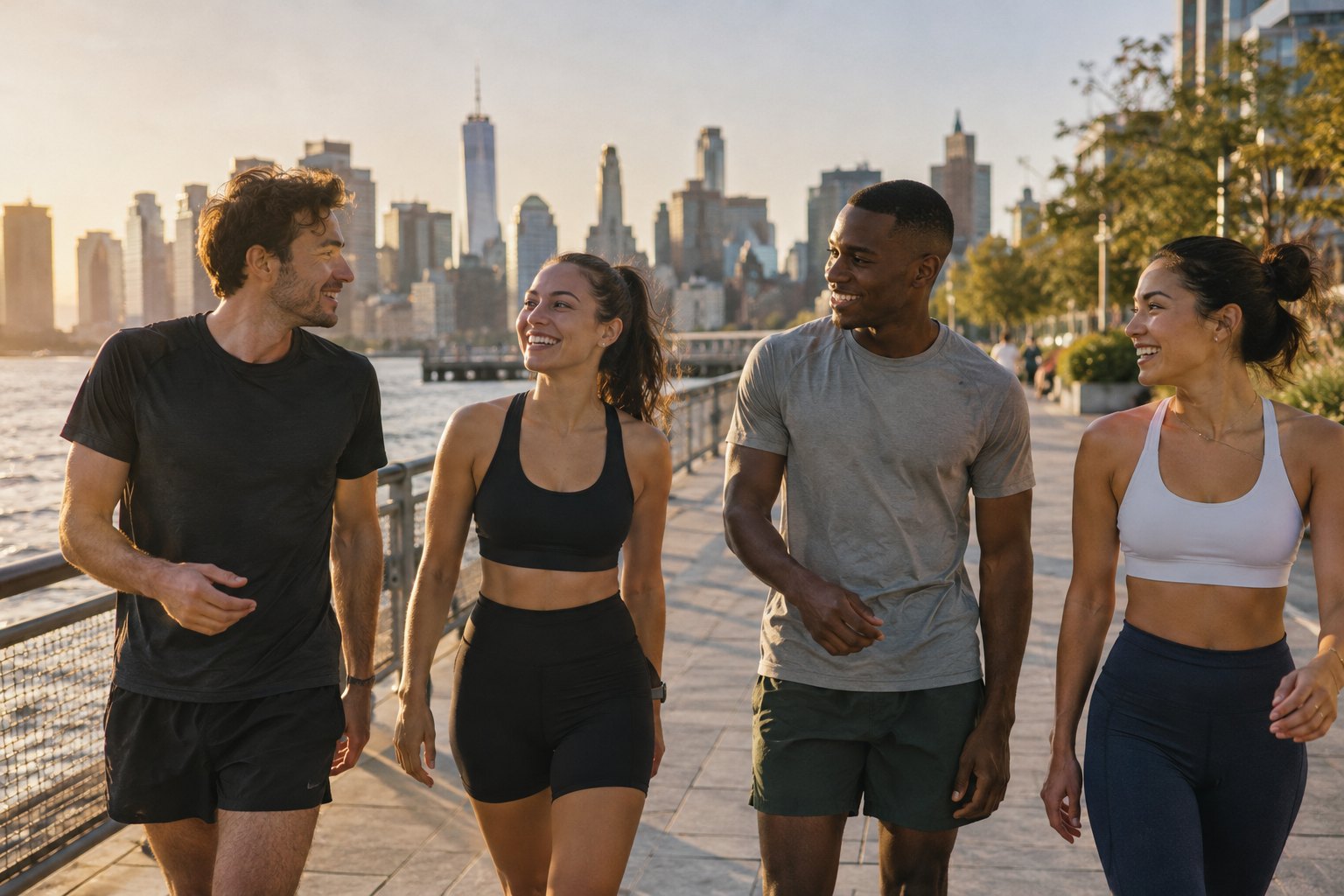 Friends talking beside the water after an outdoor run